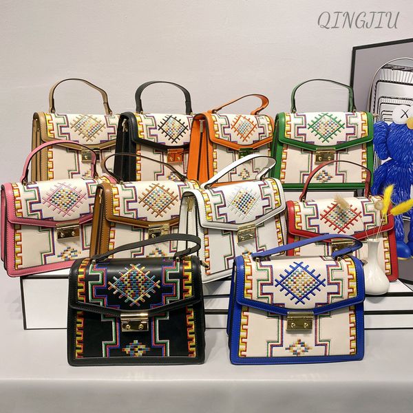 

wholesale ladies leathers shoulder bags elegant geometric embroidery fashion handbag ethnic totem women handbags sweet and lovely leather ba