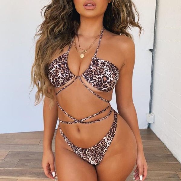 

bikinis set 2021 leopard print halter hollow out bandage swimming suit swimsuit female lace up swimwear bathing biquini