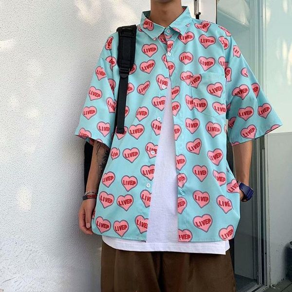 

men's casual shirts summer couple loving heart printed shirt short sleeve loose male korean fashion clothing trends blouse, White;black