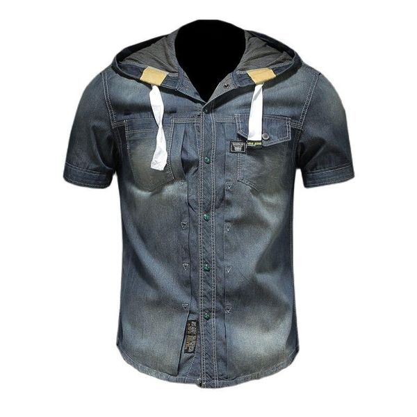 

men's casual shirts spring/summer short sleeve denim shirt hooded jean cowboy thin coat fashion men clothing s-4xl, White;black