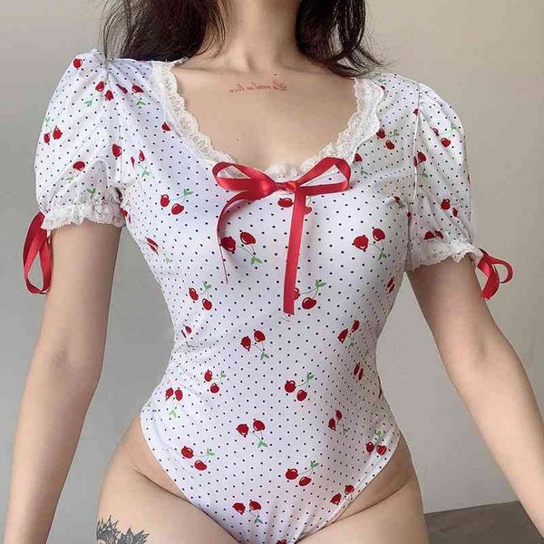 

short puff sleeve bodysuits women sweet cherry print bodycon summer v neck lace up bowknot streetwear outfit, Black;white