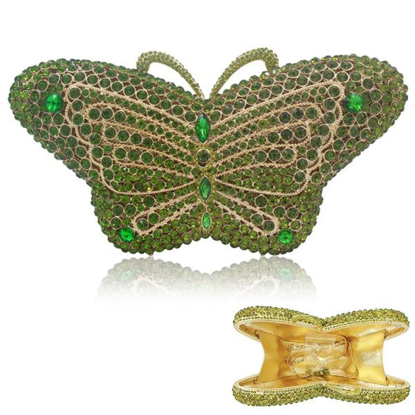 

luxury dark green crystal evening bag women clutches fashion hollow out butterfly shape gold lady clutch bag female party purse