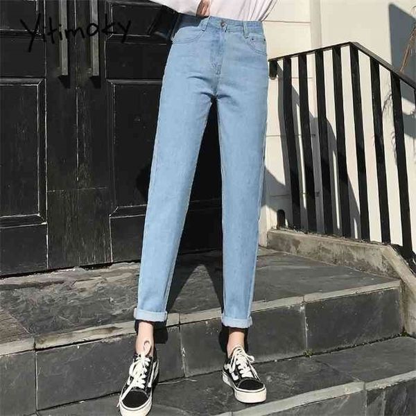 

mom jeans women high waist plus size black white beige cotton boyfriend jeans for women washed harem denim pants fashion, Blue