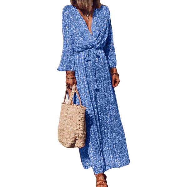 

2021 fashion trend women autumn new loose bohemian dress casual floral print deep v neck holiday slim long dress, Black;gray