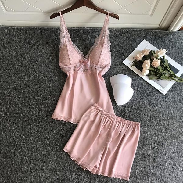 

women pajamas with chest pad satin lace pijamas female 2 piece set summer homewear for female pyjama soft thin nightwear, Black;red