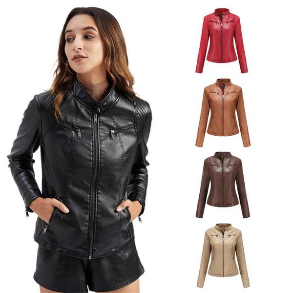 

women's leather & faux ladies slim jacket stand-up collar long sleeve overcoat zipper cardigan short coat abrigos mujer invierno 2021, Black
