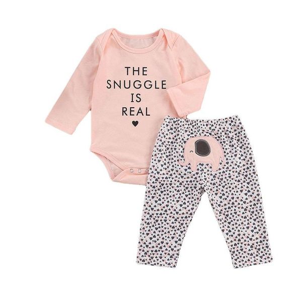 

clothing sets 0-24m cute born baby boy girl long sleeve cotton bodysuit heart pattern elephant pant trouser 2pcs set, White