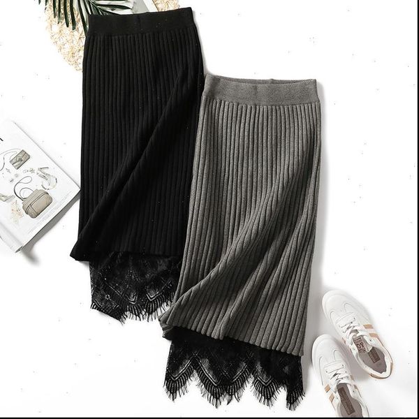 

autumn winter new fashion skirts womens high waist lace solid color half long elastic skirt pencil gothic lace skirts, Black