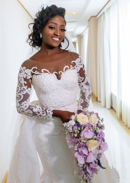 

new vintage 2021 african long sleeves mermaid wedding with detachable train luxury off shoulder lace applique plus size bridal gown 8yly, White