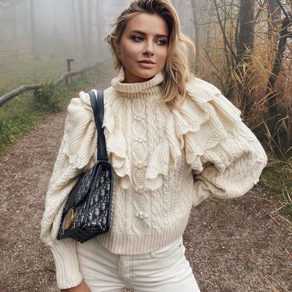 

2021 new turtleneck long sleeve ruffle sweater women vintage pullovers knitted winter sweaters casual knit jumper k509, White;black