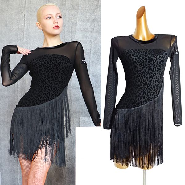 

2021 latin dance dress women black leopard long sleeves fringed dress dance costume prom performance rumba clothes vdb3297, Black;red