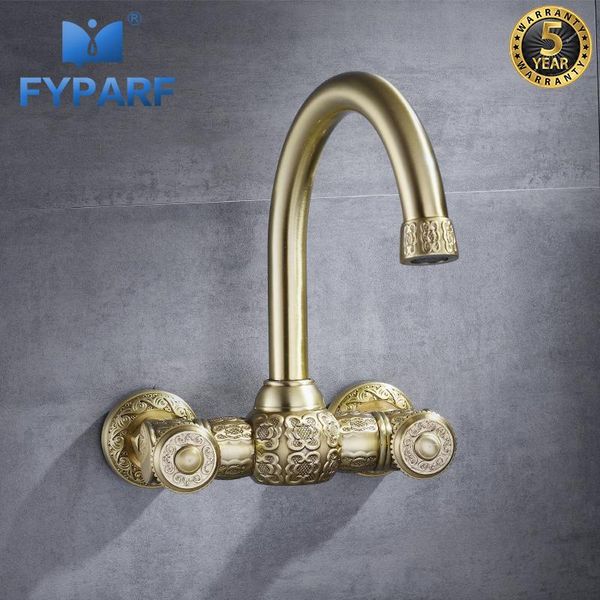 

bathroom sink faucets fyparf wall mounted bath basin mixer gold fixtures in brass cold tap waterfall 2 hole