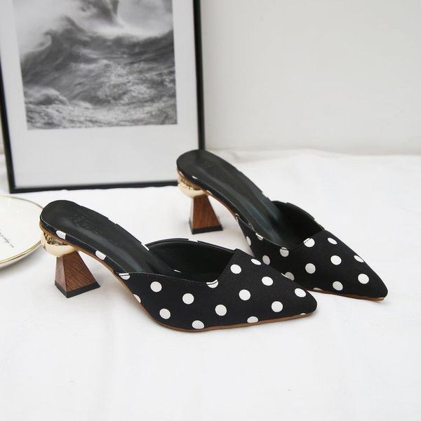 

brand 2021 fashion mules polka dot women high heels for women pointed toe slip on flip flops slippers a175, Black
