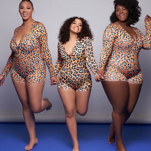 

plus size l-4xl women pajamas playsuit jumpsuit long sleeve deep v neck leopard print bodycon skinny party bodysuit sleepwear, Black