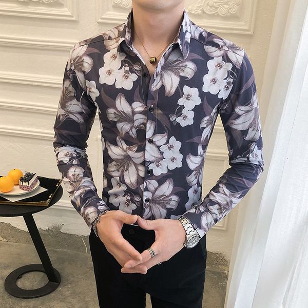 

superior quality new spring 2021 long sleeve floral men's shirts night club prom thin tux casual fit homme streetwear blouse ox1w, Black;brown