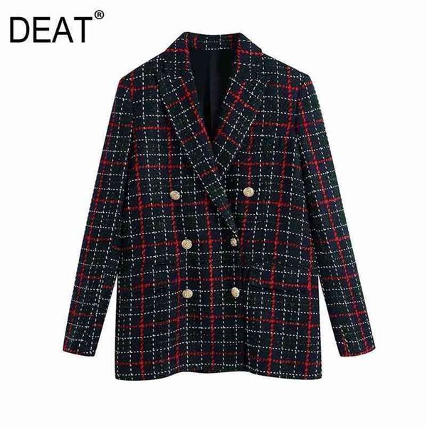 

[deat] fashion spring autumn v-neck double breasted lattice long sleeve loose temperament women blazer 13c200 210527, White;black