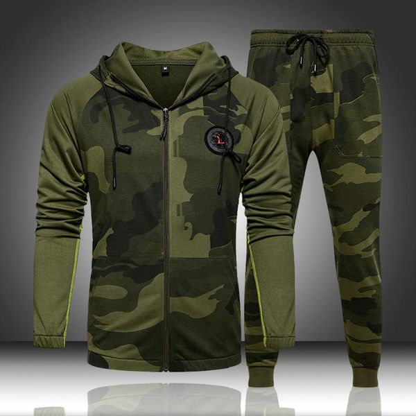 

jogging clothing camo men tracksuit hooded outerwear hoodie set 2 pieces autumn sporting male fitness camouflage sweatshirts jacket + pants, Black;red