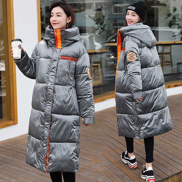 

fashion epaulet glossy parka winter jacket women new thick long hooded parka coat female office lady 201029, Black