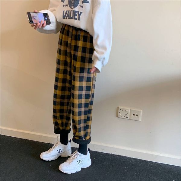 

2021 new straight wool women's casual winter loosey hare plaid pants waist high retro warm baggy corridors chie, Black;white
