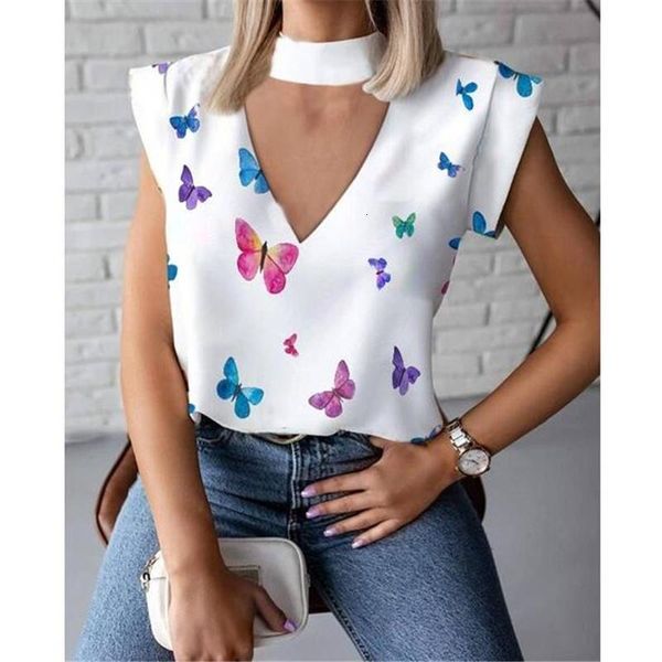 

summer new t shirt women ruffles v-neck oversized t-shirt short sleeve floral butterfly print t shirt summer streetwear top, White