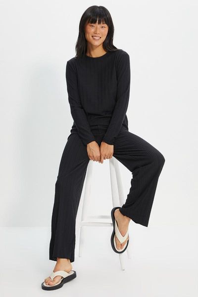 

women's two piece pants trendyol ribbed knit bottom-suit thmaw22pt0372, White