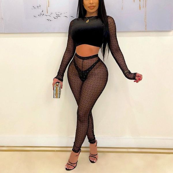 

women's two piece pants sets for women black bodycon transparent & pencil diamond evening night club outfits matching, White