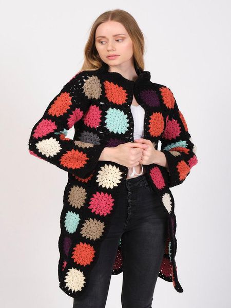 

women's wool & blends granny square blended yarn cardigan,handmade patchwork jacket,handmade coat,granny jacket,wool co, Black