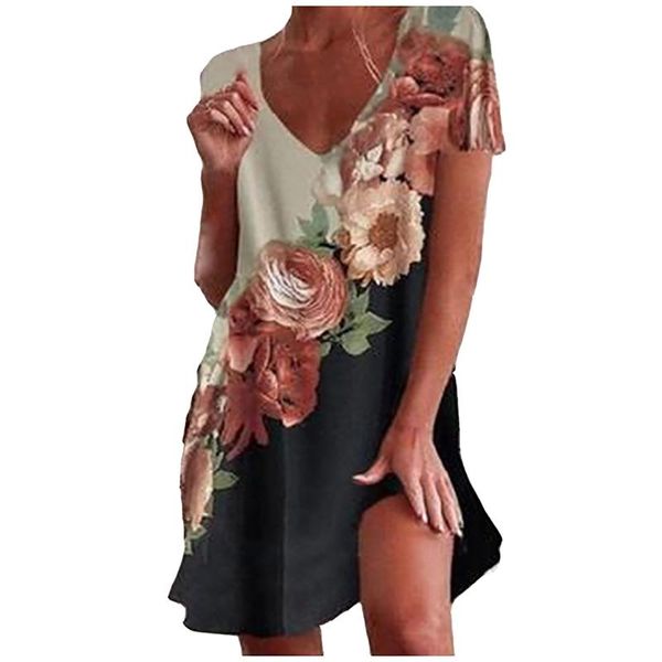

casual dresses for women 2021 fashion printed floral v-neck mid-length summer dress vestidos de mujer, Black;gray