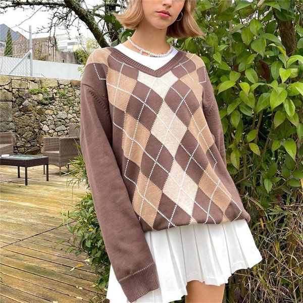 

women's knits & tees y2k e-girl autumn women argyle plaid sweater pullover long sleeve preppy england style winter blue, White