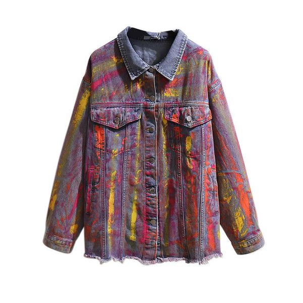 

plus size outerwear & coats spring autumn personalized graffiti denim jacket women bust 160cm 2xl 3xl 4xl 5xl 6xl cotton tie-dye coat blue, Black