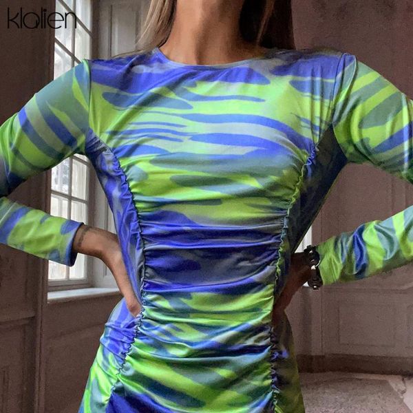 

casual dresses klalien print long sleeve o neck dress for women autumn soft slim stretch maxi y2k fashion streetwear, Black;gray