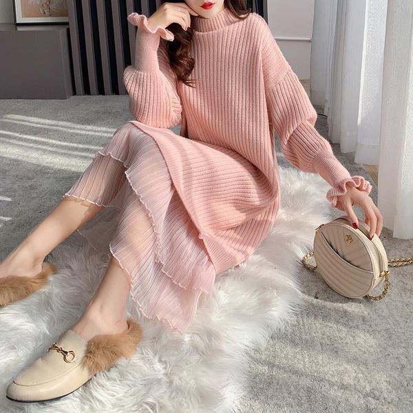 

casual dresses women 2021 autumn winter elegant knitted warm swaeter dress female thicken long sleeve patchwork vestidos x390, Black;gray