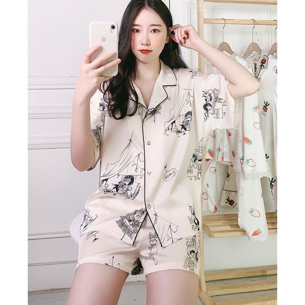

satin pajamas women's summer short sleeve shorts housewear thin cute illustration two piece suit women's 1824, Black;red