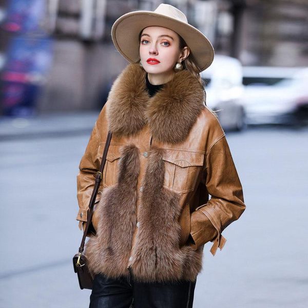 

women's fur & faux genuine sheepskin leather jackets women autumn winter collar female jacket coats ropa de mujerzjt1443, Black