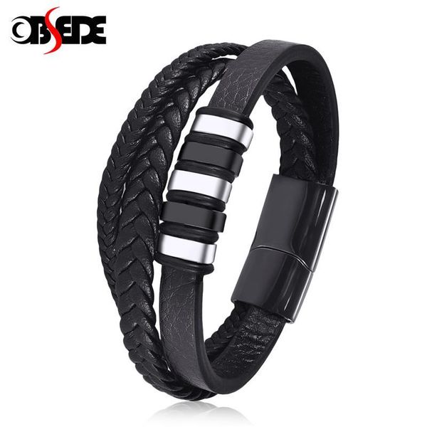 

charm bracelets obsede fashion multilayer leather braided men's stainless steel magnetic clasp punk bangles male jewelry gifts, Golden;silver