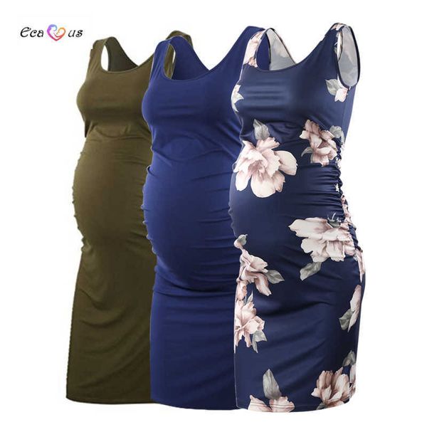

3 pack women's maternity dresses floral pregnancy dress sleeveless side ruched print vintage casual knee length dress x0902, White