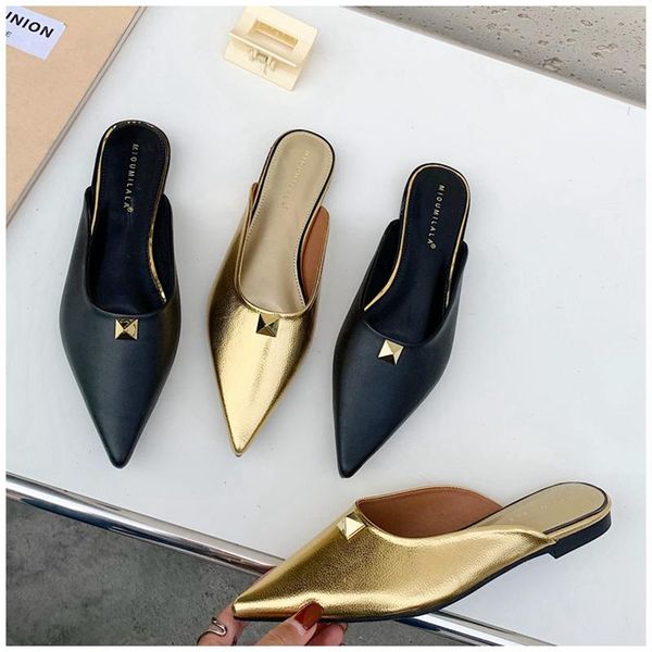 

2021 spring new brand women slipper slip on pointed toe mules shoes fashion rivet flat heel sandal shoes ladies flip flops, Black