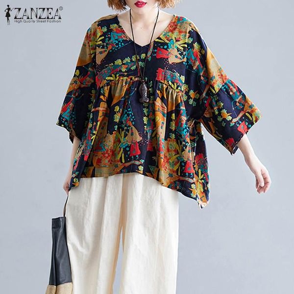 

women's blouses & shirts 2022 casual 3/4 sleeve blusas v neck pleated tunic vintage printed blouse high waist oversized s-5xl, White