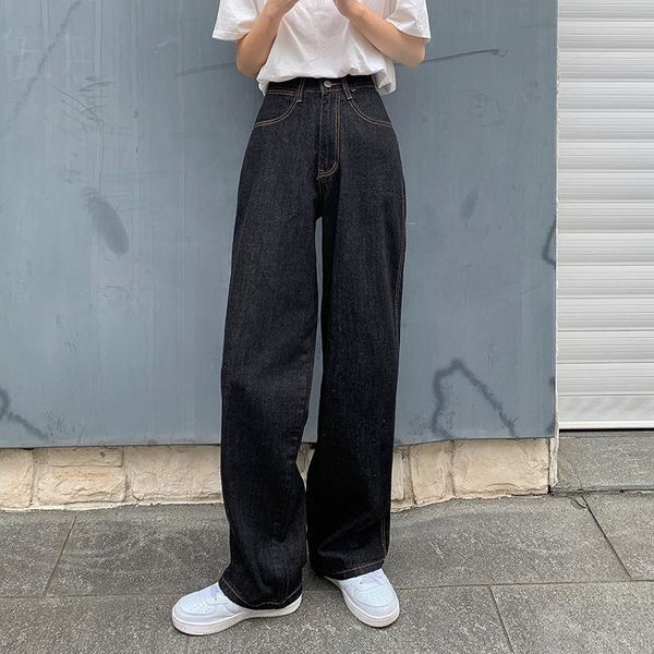 

women's jeans sml 4colors korean style women loose denim pants casual blue high waist for wide leg female 2021 (f9024)