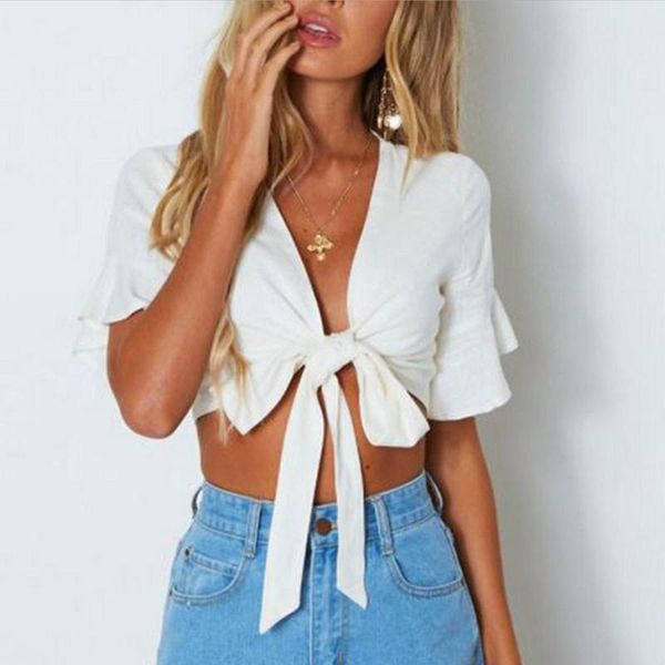 

women's blouses & shirts 2021 summer women boho short blouse ruffles sleeve v neck bandage crop female solid casual beach, White