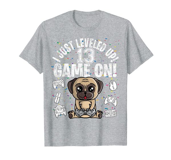 

13 years old 13th birthday pug dog boy girl video game t-shirt, White;black