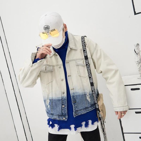 

men's jacket original streetwear gradient retro washed denim coat windberaker hole jeans jacket male harajuku bomber, Black;brown