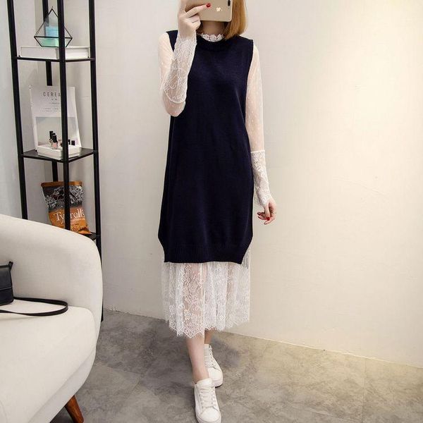 

casual dresses women's long-sleeved autumn style mid-length see-through inner stitching lace dress, Black;gray