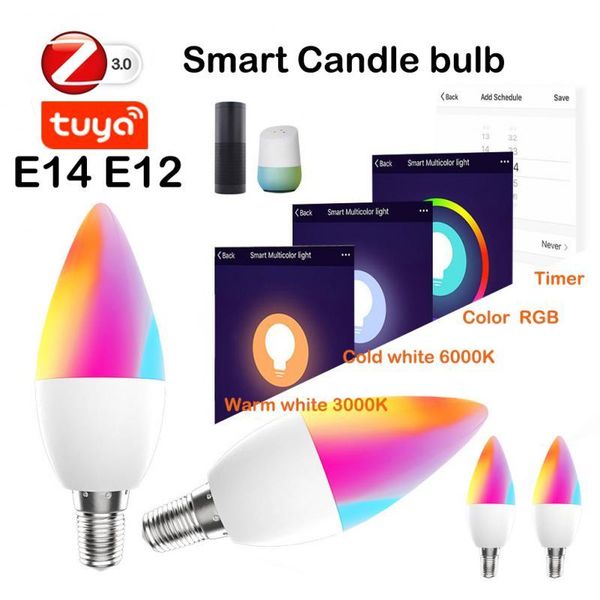 

smart home control 4 pcs tuya zigbee bulb e14 e12 support alexa app smartthings remote dimmable rgb candle warm cold 3000-6000k