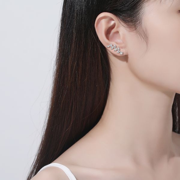 

olive leaves moissanite diamond climbing earrings for women solid sterling silver 925 ear cuff wedding statement luxury jewelry, Black