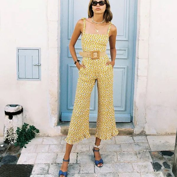 

2021 new sleeveless strap flare jumpsuit women casual vintage yellow cotton floral print summer overalls long playsuit y4ib, Black;white