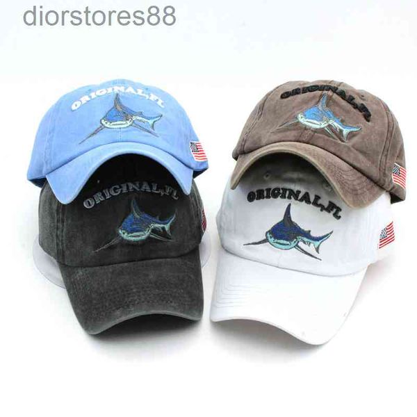 

baseball cap american cartoon shark embroidery wash men's and women's, Blue;gray