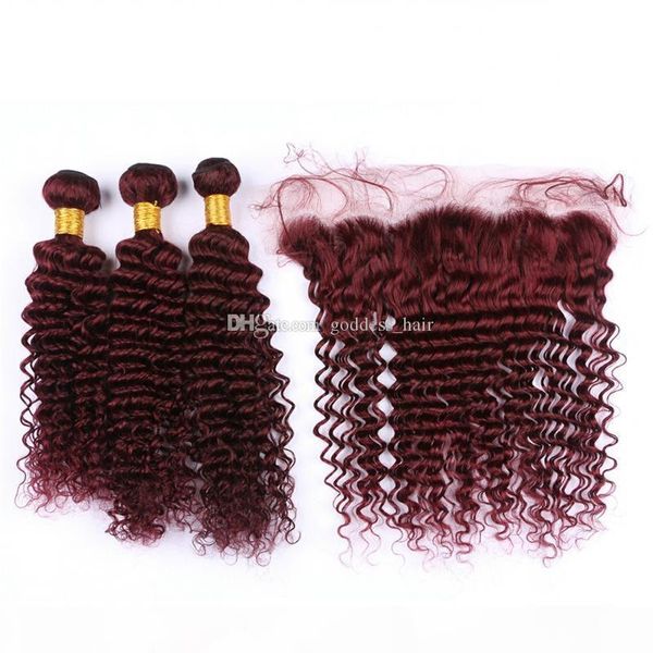 

part 99j 13x4 ear to ear frontal with deep curly human hair 3bundles deep wave 99j hair extension with frontal burgundy, Black;brown