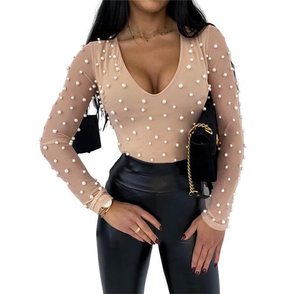 

fashion spring summer women casual mesh pearl long sleeve blouse black v neck slim outfit patchwork blouse shirt, White