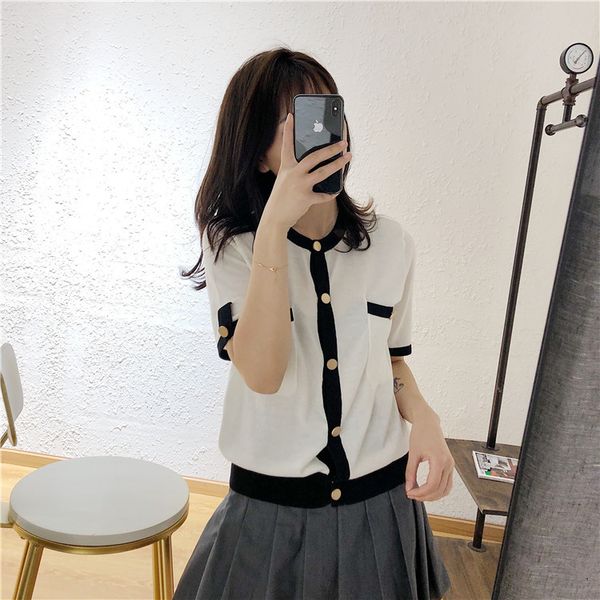 

xiaoxiang cardigan 1095 bingma 8372 spring and summer new pocket contrast round neck short sleeve top, White